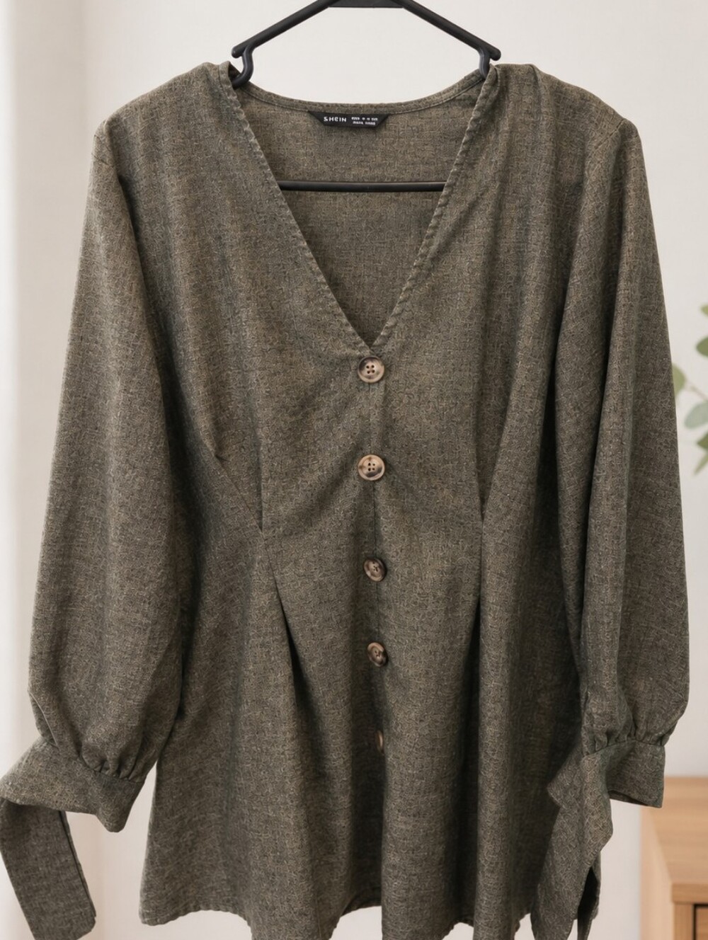 SHEIN Olive Green Peplum Blouse Button Front Tie Sleeve Women’s Size 12 - Picture 2 of 8